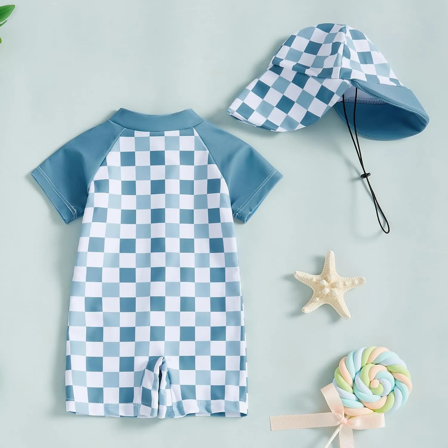 Toddler Baby Boy Girl Rash Guard Swimsuit One Piece Checkerboard Short Sleeve Zipper Swimwear Bathing Suit with Hat