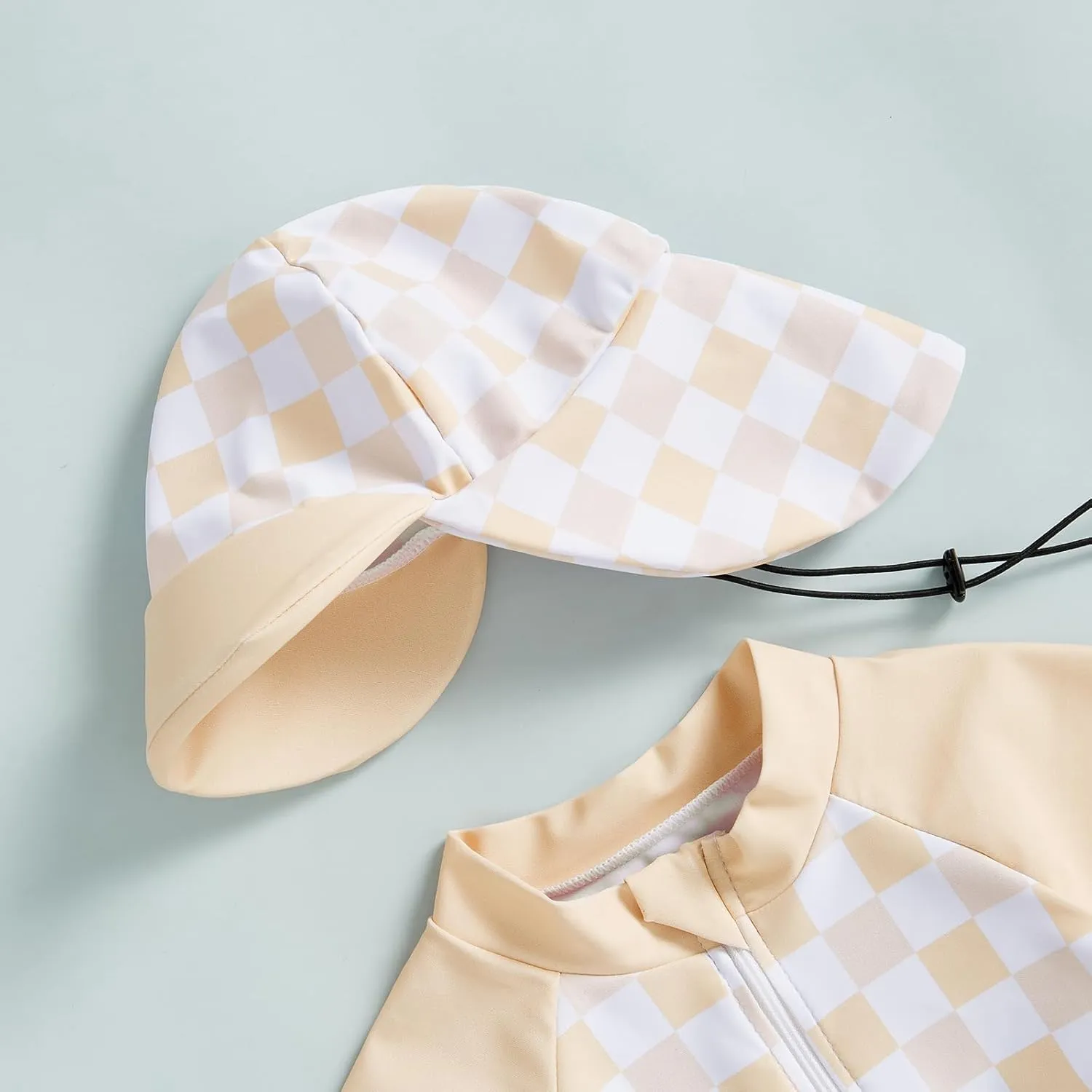 Toddler Baby Boy Girl Rash Guard Swimsuit One Piece Checkerboard Short Sleeve Zipper Swimwear Bathing Suit with Hat