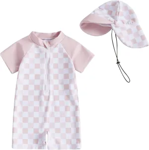 Toddler Baby Boy Girl Rash Guard Swimsuit One Piece Checkerboard Short Sleeve Zipper Swimwear Bathing Suit with Hat