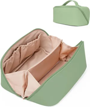 Travel Makeup Bag for Women, Portable Large Capacity Cosmetic Bag with Fixed Compartments, Large Opening Lay Flat Make Up Bag for Travel Essentials OrganizeGreen