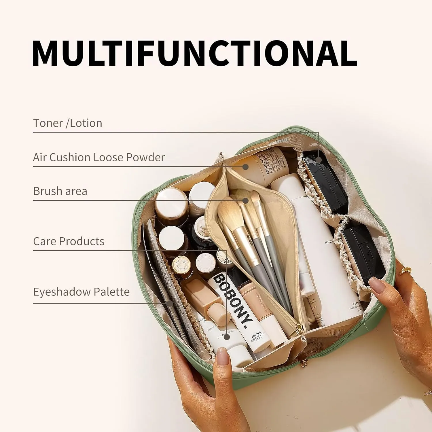 Travel Makeup Bag for Women, Portable Large Capacity Cosmetic Bag with Fixed Compartments, Large Opening Lay Flat Make Up Bag for Travel Essentials OrganizeGreen