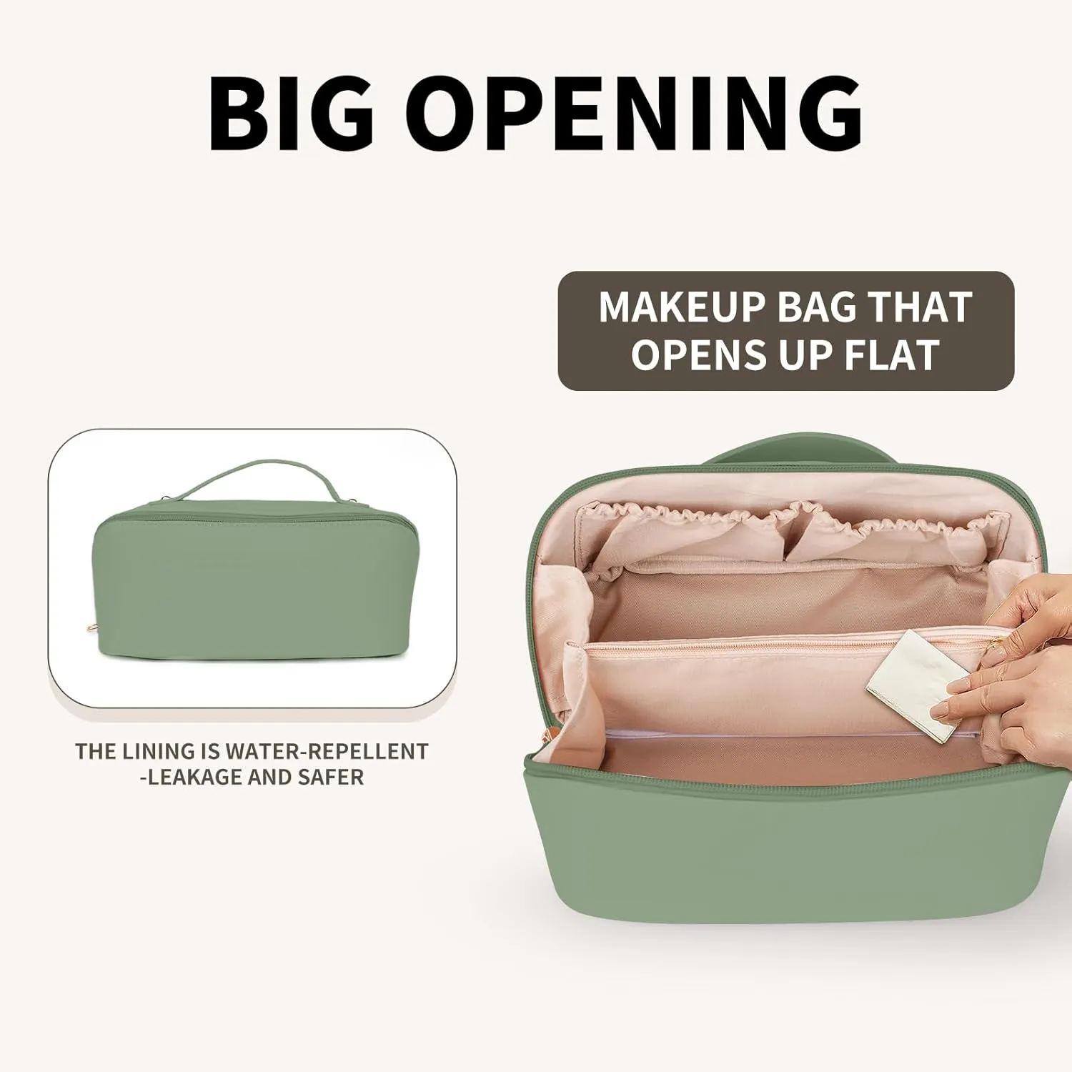Travel Makeup Bag for Women, Portable Large Capacity Cosmetic Bag with Fixed Compartments, Large Opening Lay Flat Make Up Bag for Travel Essentials OrganizeGreen