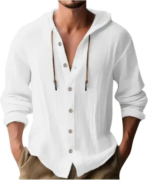 Tshirts for Men Cotton Linen Button Up Hoodies Loose Solid Pullovers Long Sleeve Casual Spring Hooded Blouses Tops