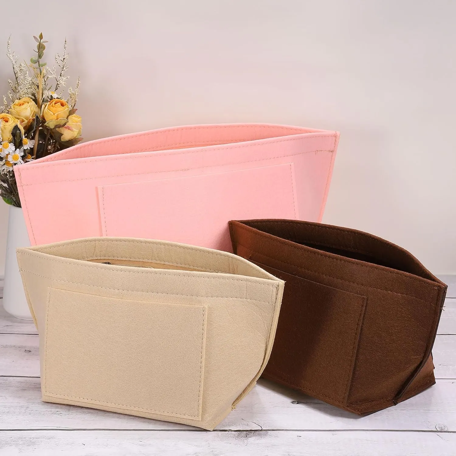 uxcell Purse Organizer Insert, Portable Felt Organizer Bags with Metal Zipper Multiple Compartments Purse Liner for Domed Satchel, Tote Bag, Handbag Shaper (8.3" x 5.1" x 6.3", Beige)