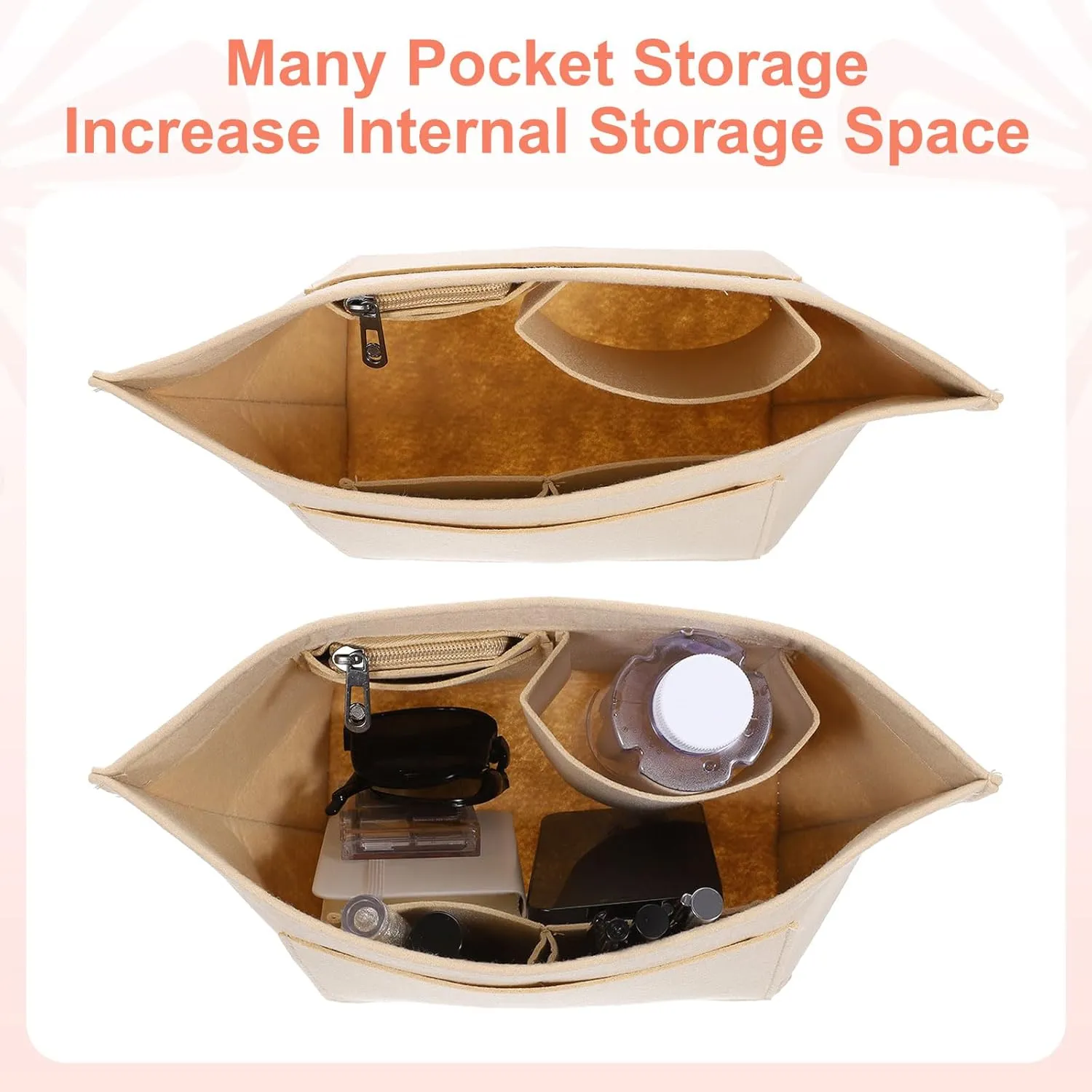 uxcell Purse Organizer Insert, Portable Felt Organizer Bags with Metal Zipper Multiple Compartments Purse Liner for Domed Satchel, Tote Bag, Handbag Shaper (8.3" x 5.1" x 6.3", Beige)