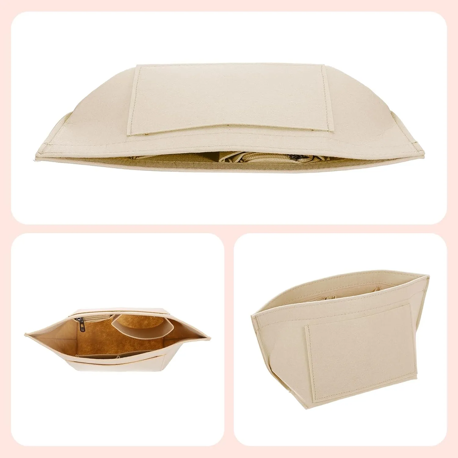 uxcell Purse Organizer Insert, Portable Felt Organizer Bags with Metal Zipper Multiple Compartments Purse Liner for Domed Satchel, Tote Bag, Handbag Shaper (8.3" x 5.1" x 6.3", Beige)