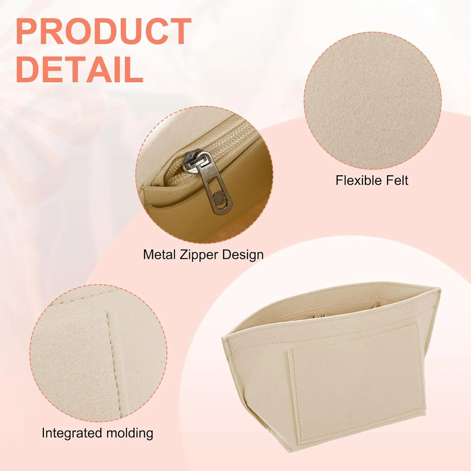 uxcell Purse Organizer Insert, Portable Felt Organizer Bags with Metal Zipper Multiple Compartments Purse Liner for Domed Satchel, Tote Bag, Handbag Shaper (8.3" x 5.1" x 6.3", Beige)