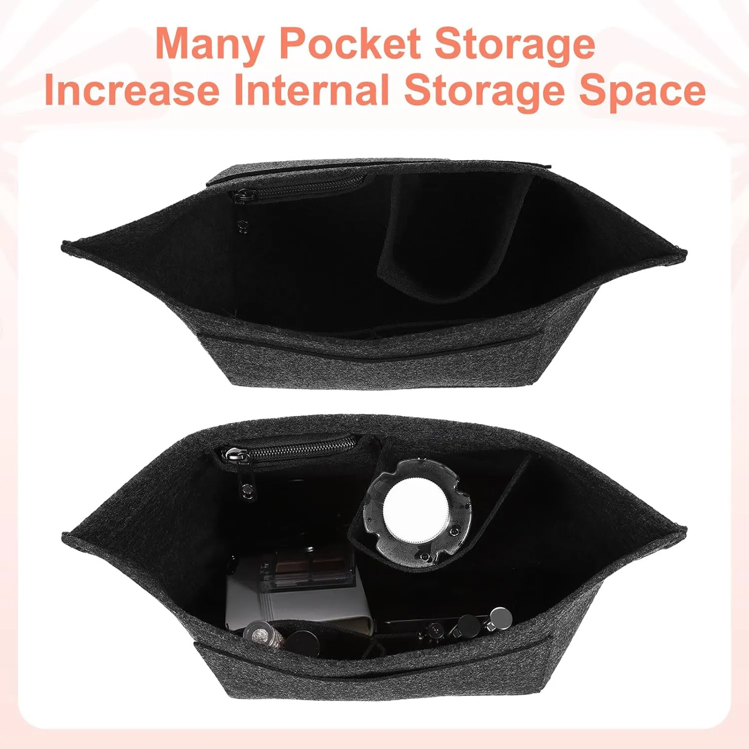 uxcell Purse Organizer Insert, Portable Felt Organizer Bags with Metal Zipper Multiple Compartments Purse Liner for Domed Satchel, Tote Bag, Handbag Shaper (8.3" x 5.1" x 6.3", Dark Grey)
