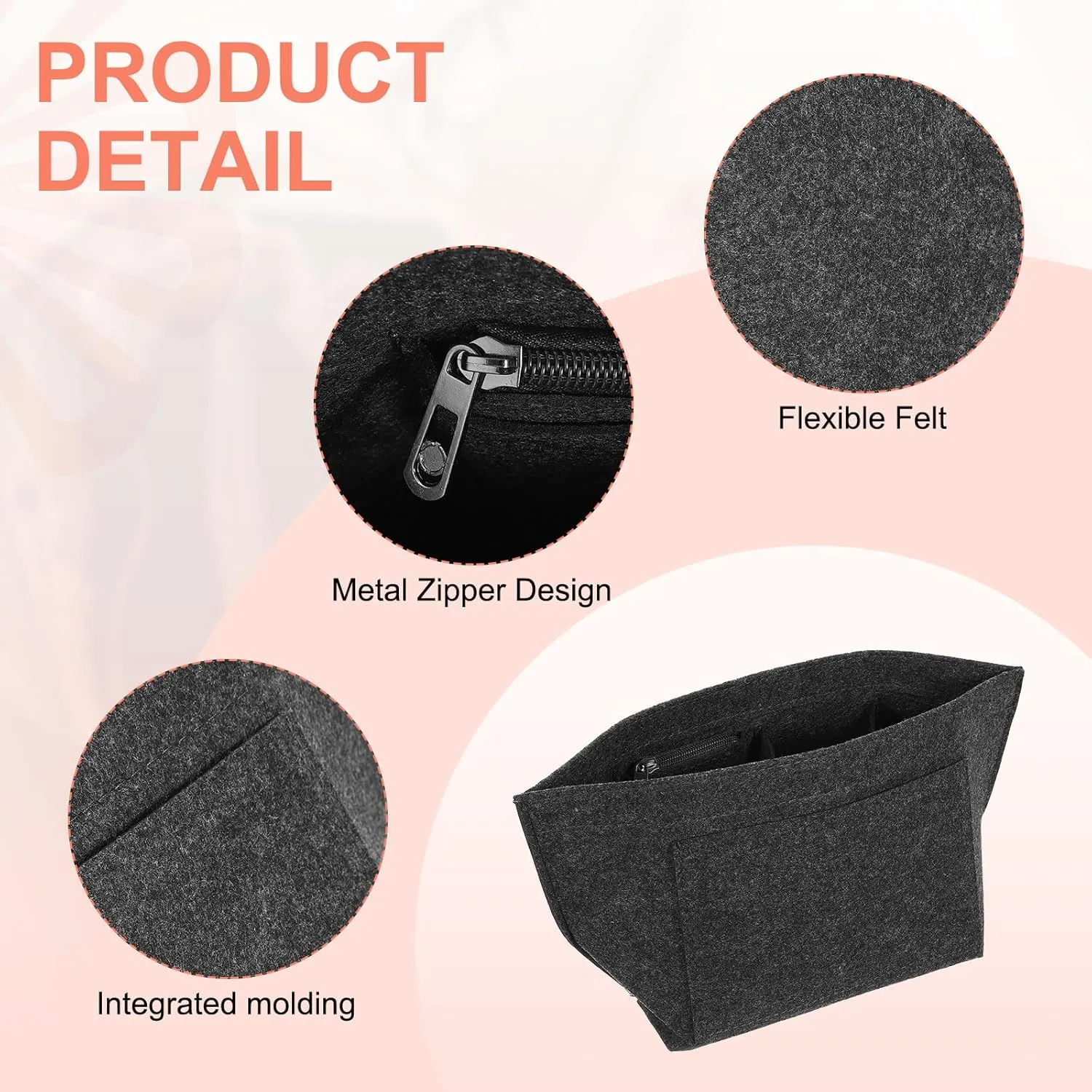 uxcell Purse Organizer Insert, Portable Felt Organizer Bags with Metal Zipper Multiple Compartments Purse Liner for Domed Satchel, Tote Bag, Handbag Shaper (8.3" x 5.1" x 6.3", Dark Grey)