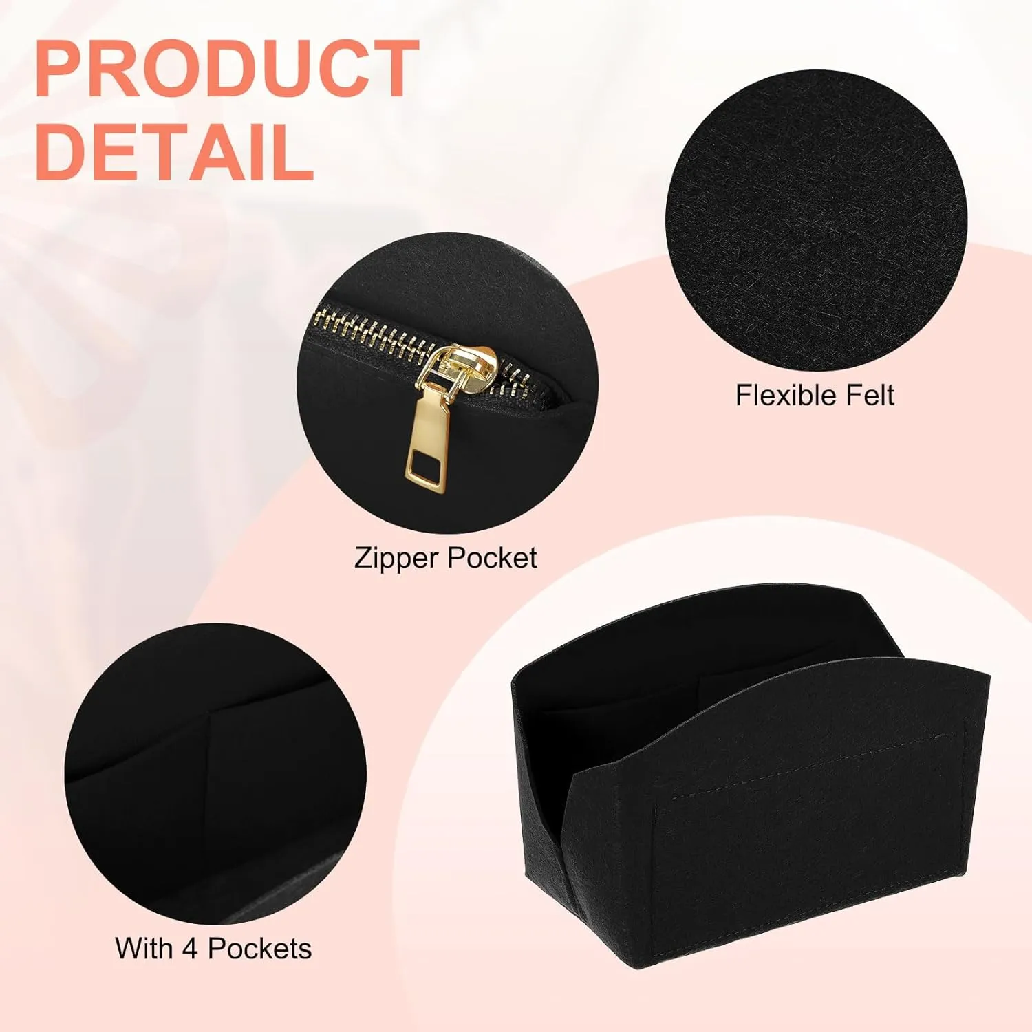 uxcell Purse Organizer Insert, Portable Felt Organizer Bags with Metal Zipper Multiple Compartments Purse Liner for Domed Satchel, Tote Bag, Handbag Shaper (8" x 4" x 5.5", Black)