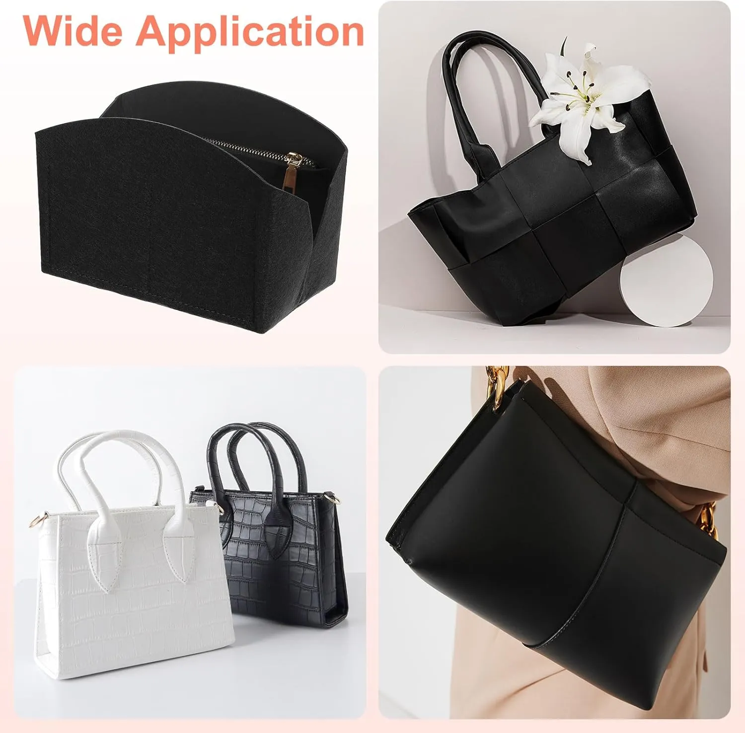 uxcell Purse Organizer Insert, Portable Felt Organizer Bags with Metal Zipper Multiple Compartments Purse Liner for Domed Satchel, Tote Bag, Handbag Shaper (8" x 4" x 5.5", Black)
