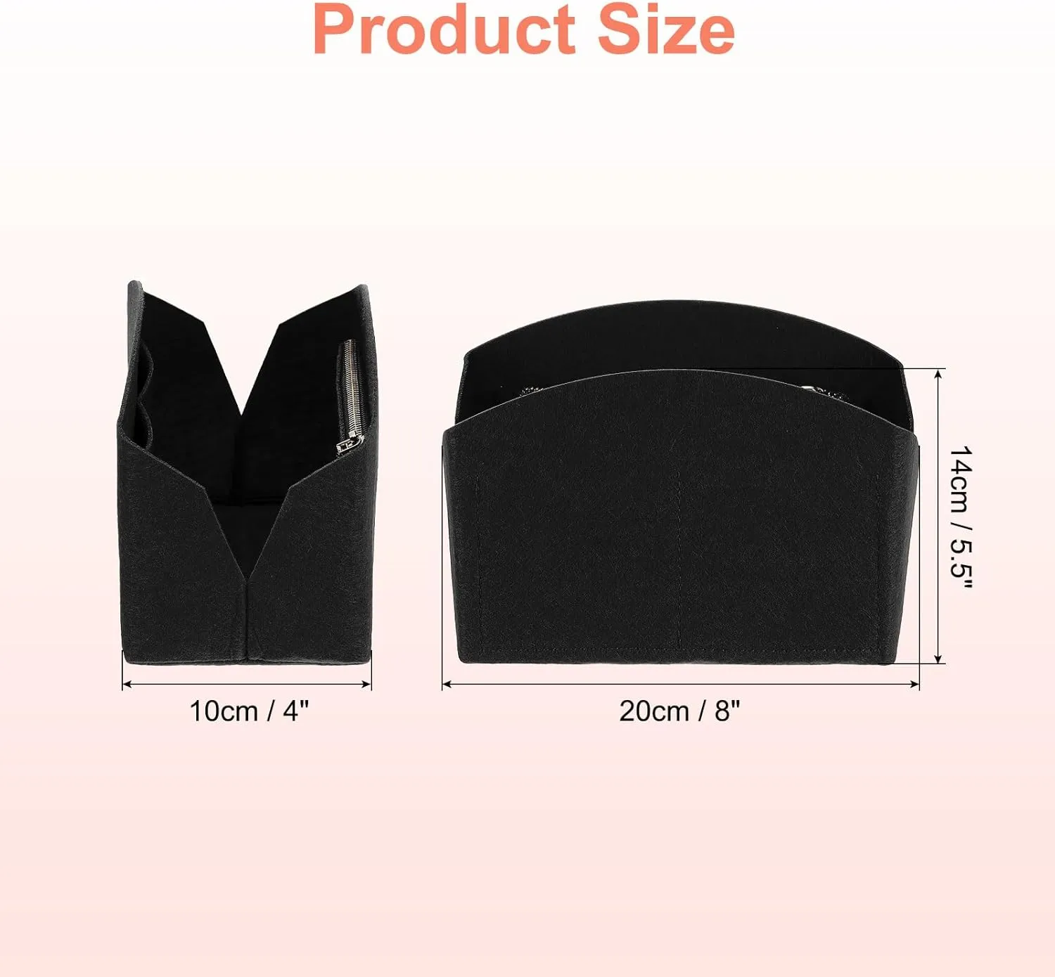 uxcell Purse Organizer Insert, Portable Felt Organizer Bags with Metal Zipper Multiple Compartments Purse Liner for Domed Satchel, Tote Bag, Handbag Shaper (8" x 4" x 5.5", Black)