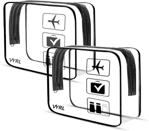 VYRL 2 Pack Clear Makeup Bag - Quart Size 3-1-1 TSA Approved Toiletry Bag with Zipper - Water-Resistant Durable PVC Clear Toiletry Bag for Carry-on Airport Travel Accessories - Black