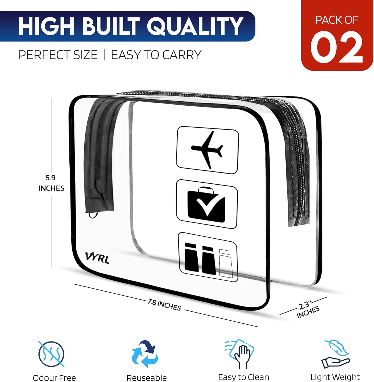 VYRL 2 Pack Clear Makeup Bag - Quart Size 3-1-1 TSA Approved Toiletry Bag with Zipper - Water-Resistant Durable PVC Clear Toiletry Bag for Carry-on Airport Travel Accessories - Black