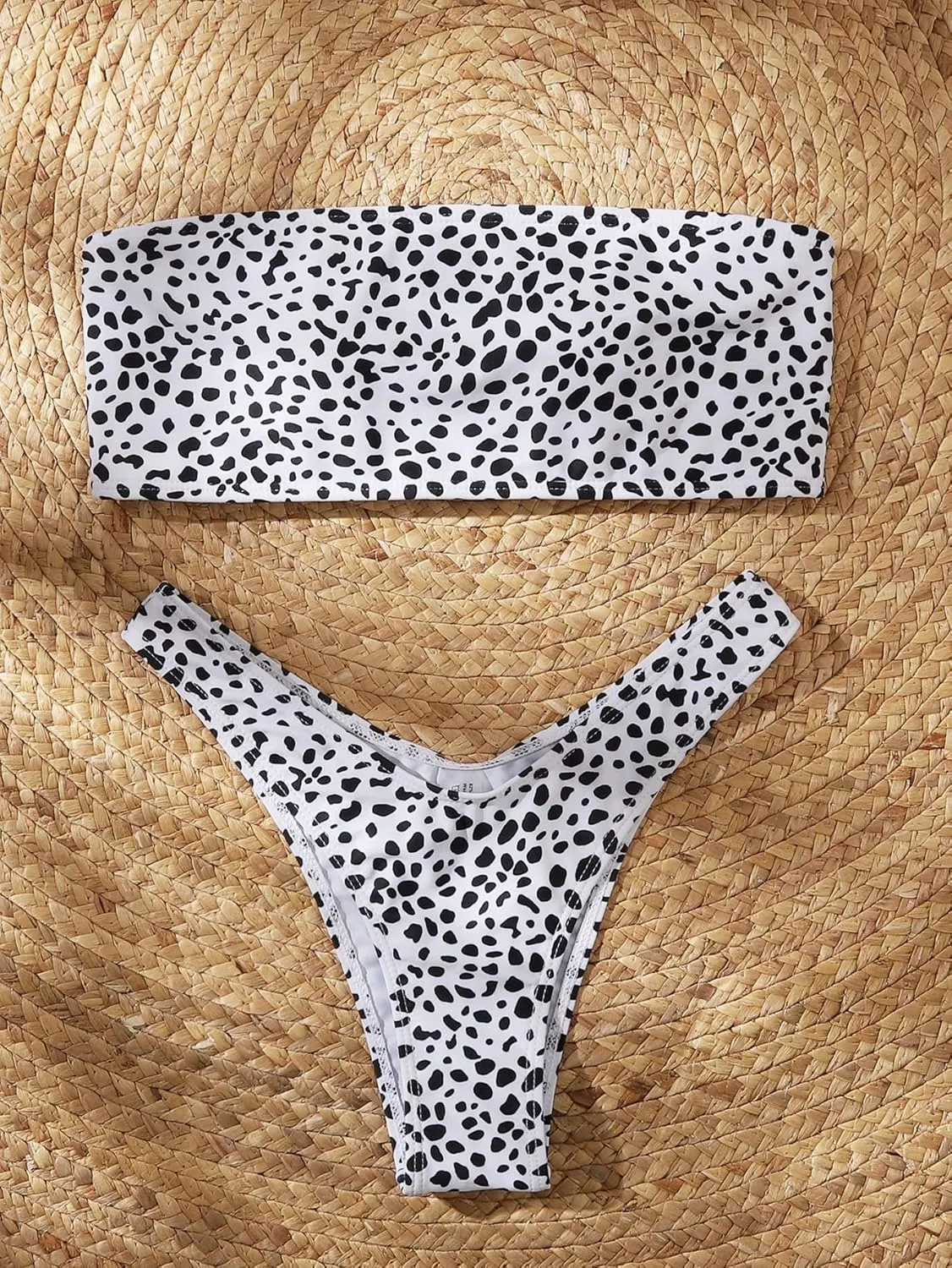 WDIRARA Women's 2 Piece Swimsuit Dalmatian Print Lace Up Bandeau Bikini Set Summer Bathing Suits