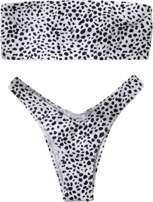 WDIRARA Women's 2 Piece Swimsuit Dalmatian Print Lace Up Bandeau Bikini Set Summer Bathing Suits