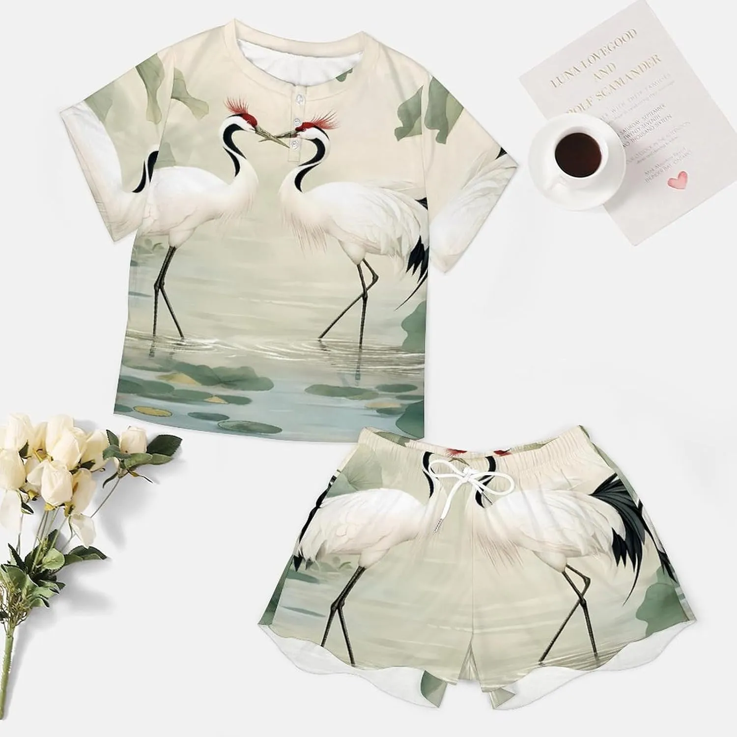 White Crane Jungle Animals Pajamas for Women Set Short Sleeve Top And Shorts Lounge Sleepwear Loungewear 2Pcs Pj Sets