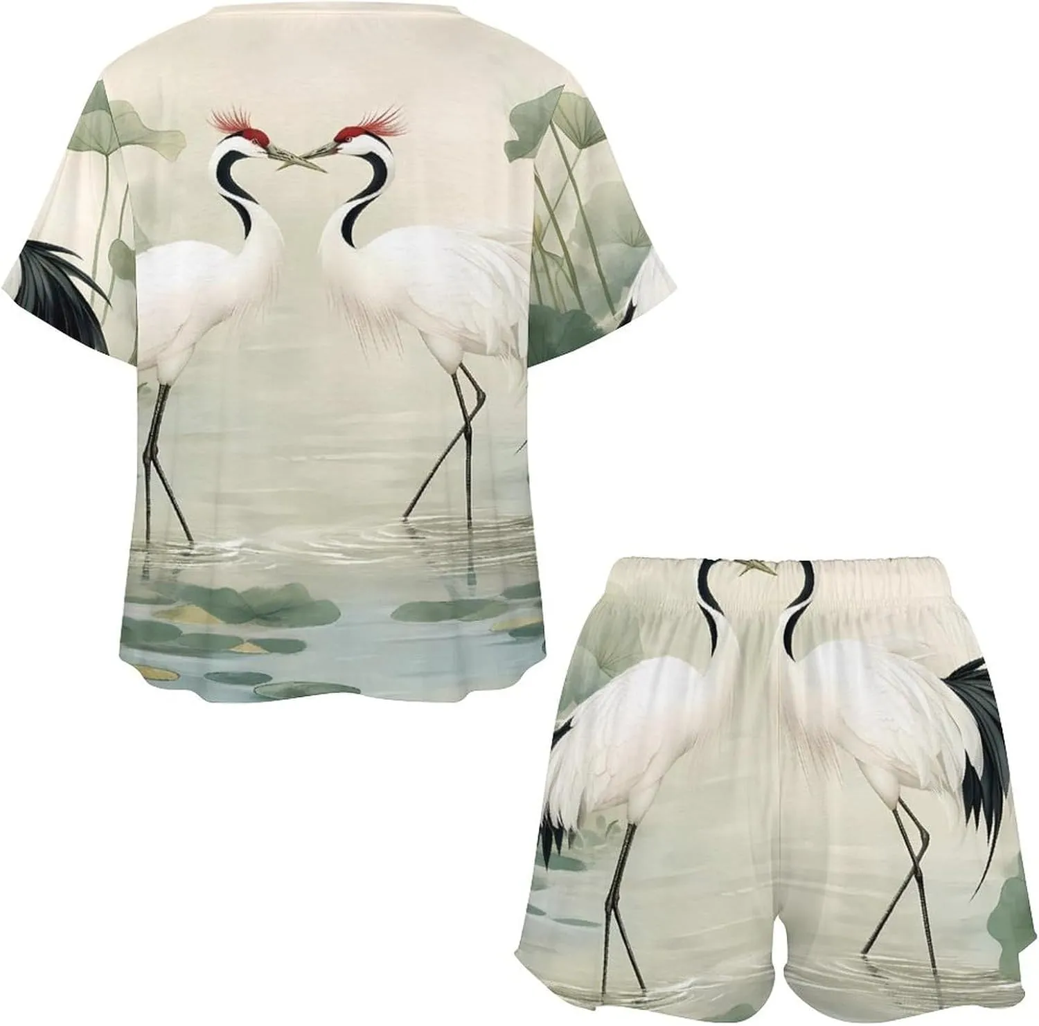 White Crane Jungle Animals Pajamas for Women Set Short Sleeve Top And Shorts Lounge Sleepwear Loungewear 2Pcs Pj Sets