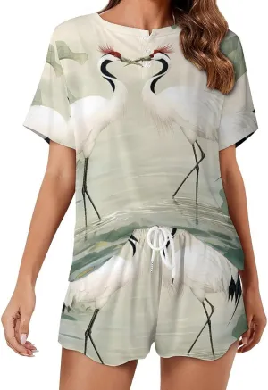 White Crane Jungle Animals Pajamas for Women Set Short Sleeve Top And Shorts Lounge Sleepwear Loungewear 2Pcs Pj Sets