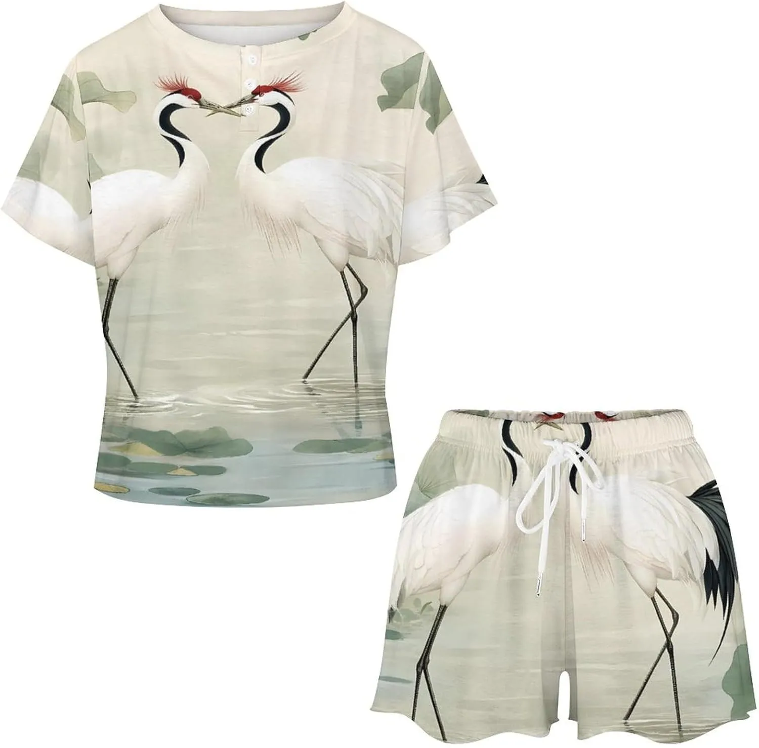 White Crane Jungle Animals Pajamas for Women Set Short Sleeve Top And Shorts Lounge Sleepwear Loungewear 2Pcs Pj Sets