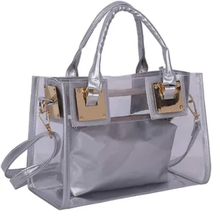 Women 2 Pcs Small Clear Tote Beach Shoulder Top-handle Bag PVC Transparent Satchel Handbag Purse