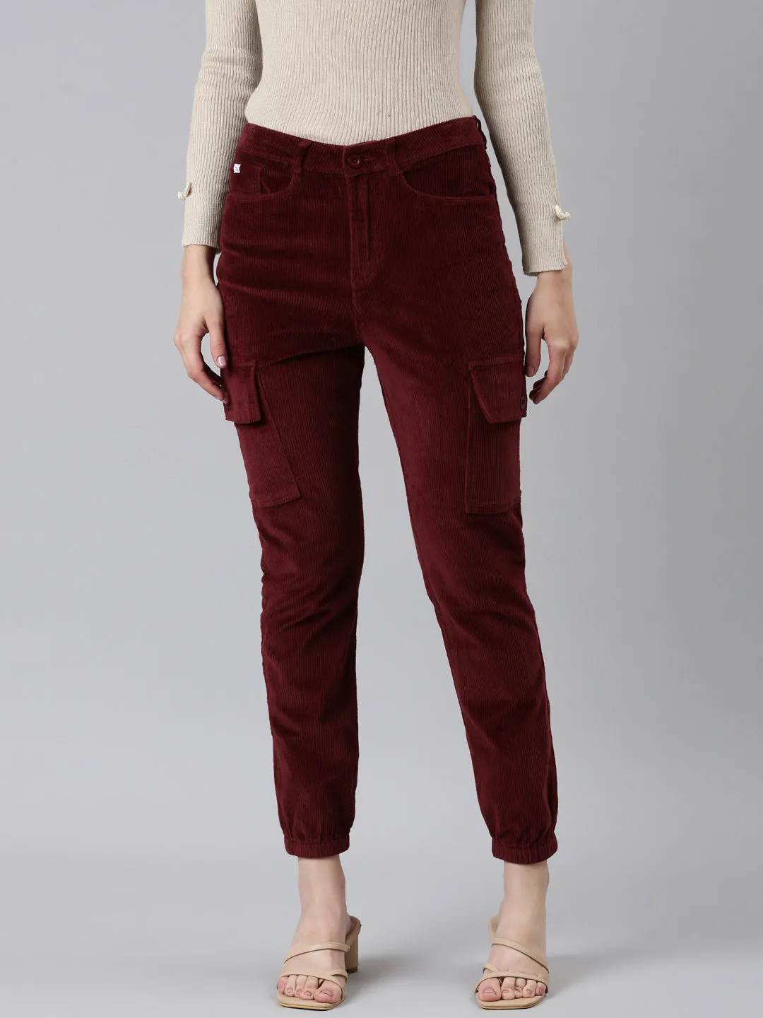 Women Burgandy Slim Fit High-Rise Joggers