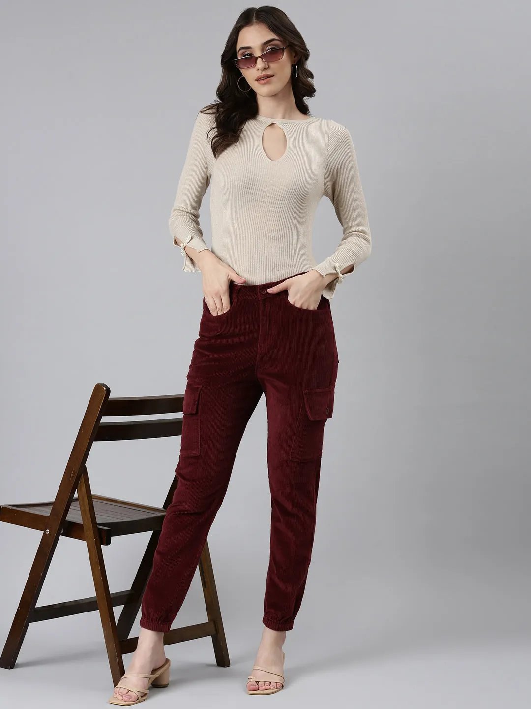 Women Burgandy Slim Fit High-Rise Joggers