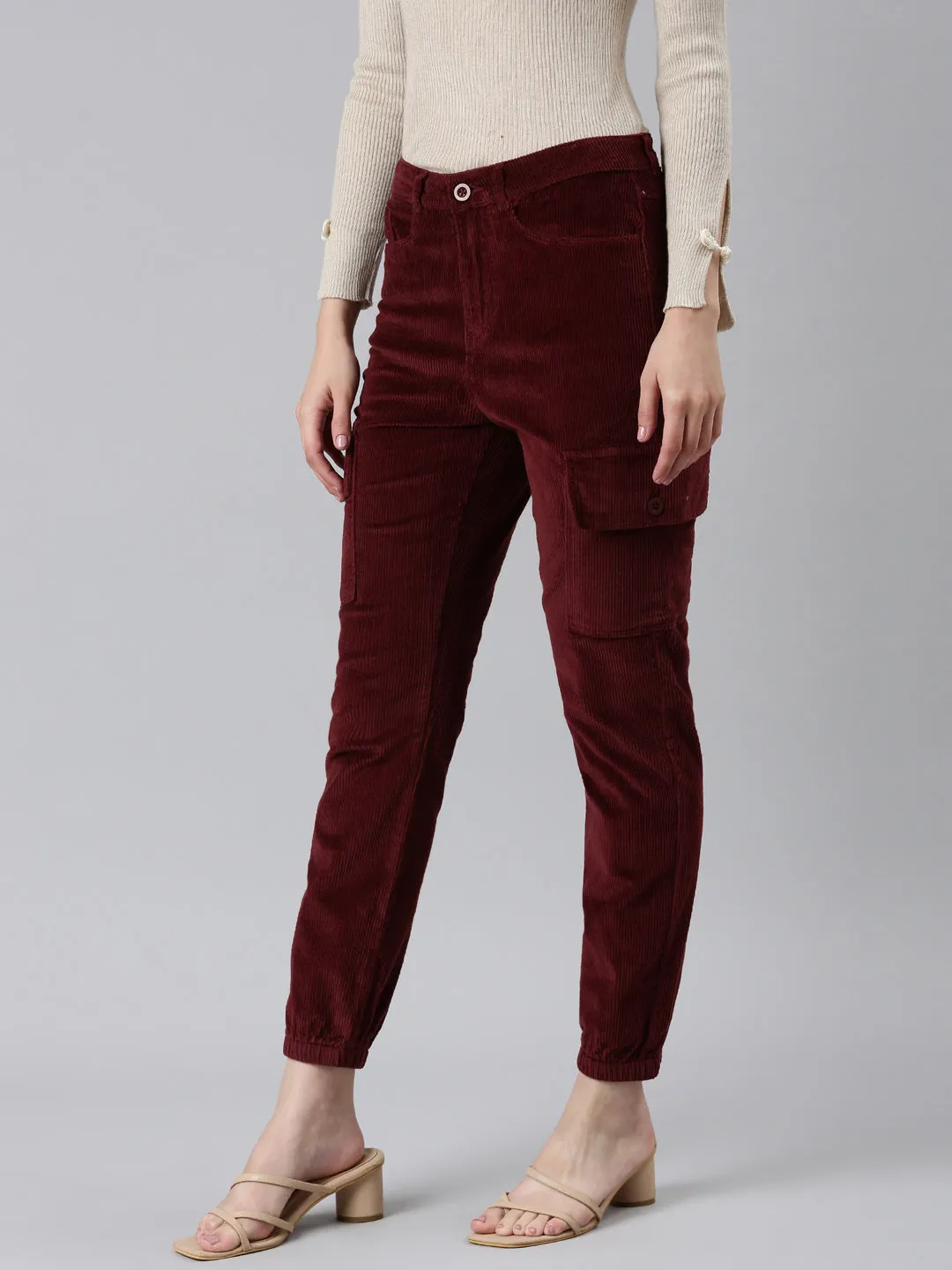 Women Burgandy Slim Fit High-Rise Joggers