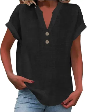 Women Cotton Linen Summer Tops Short Sleeve Loose Fit Blouses V Neck Dressy Casual Tunic Boho Resort Wear Clothing
