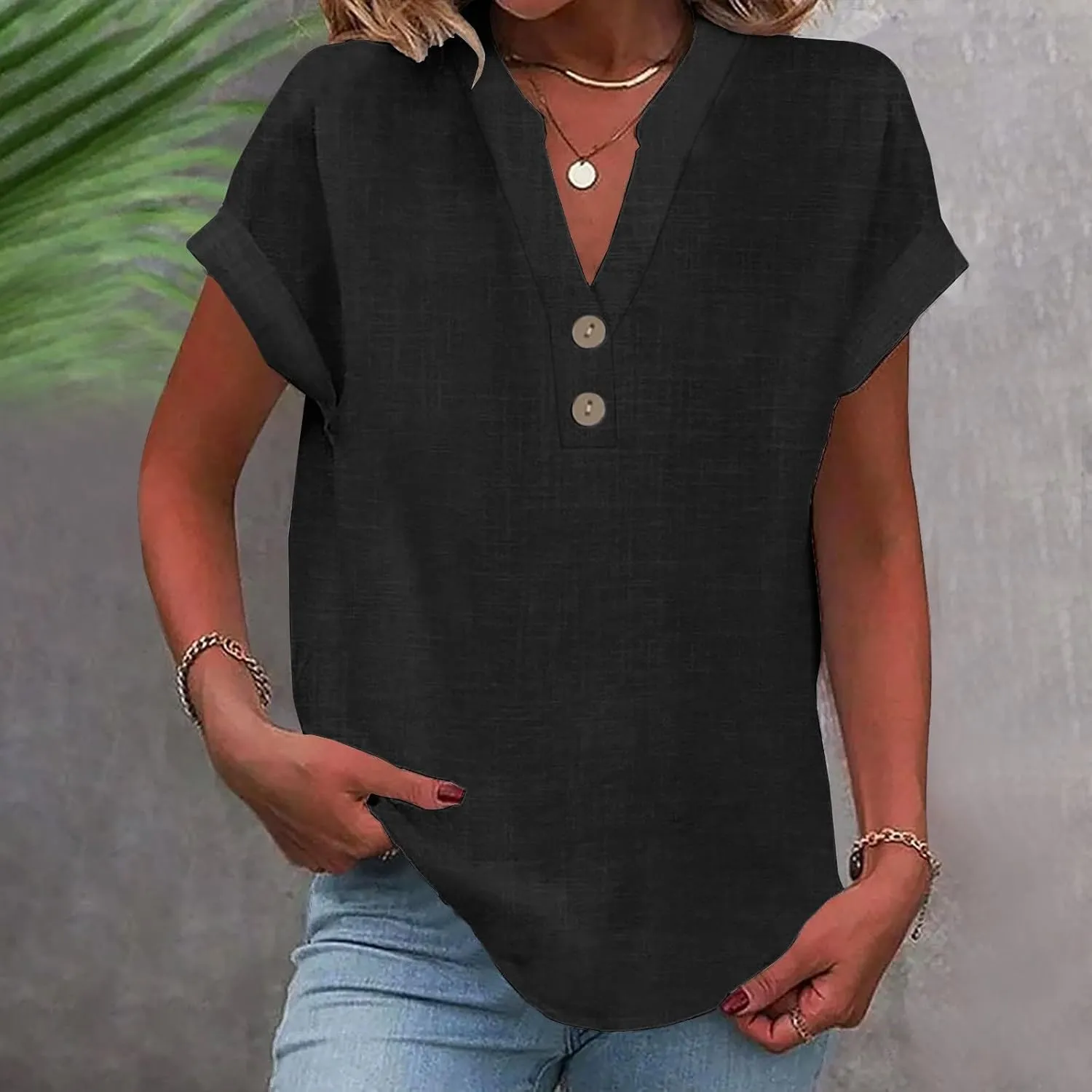 Women Cotton Linen Summer Tops Short Sleeve Loose Fit Blouses V Neck Dressy Casual Tunic Boho Resort Wear Clothing