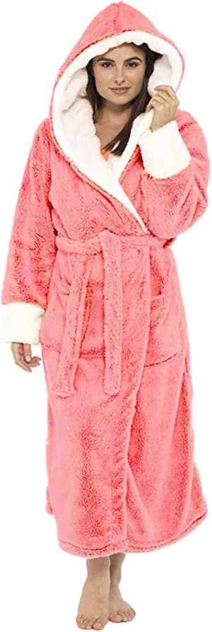 Women Hooded Bathrobe Fuzzy Fleece Robe erpa-Lined Spa Robe Dressing Gown Housecoat Full Length Robe with Belt