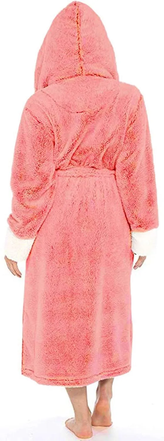 Women Hooded Bathrobe Fuzzy Fleece Robe erpa-Lined Spa Robe Dressing Gown Housecoat Full Length Robe with Belt