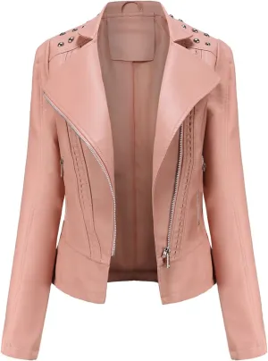 Women Leather Jacket Faux Motorcycle Coat Short Lightweight Pleather Crop Coat Fashion ZIpper Fleece Cardigan Womens Coat