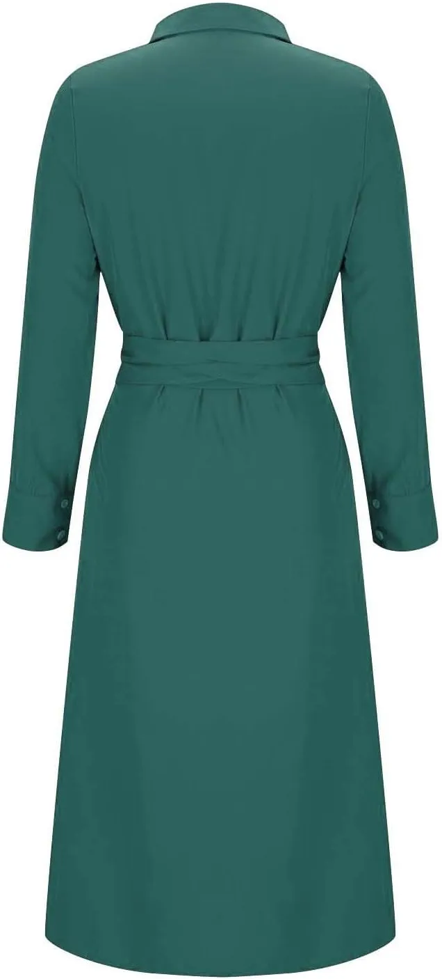 Women Long Sleeve Midi Shirt Dress Casual Loose Tie Waist Button Down Dress Fall Winter Dresses 2024 Trendy Clothes