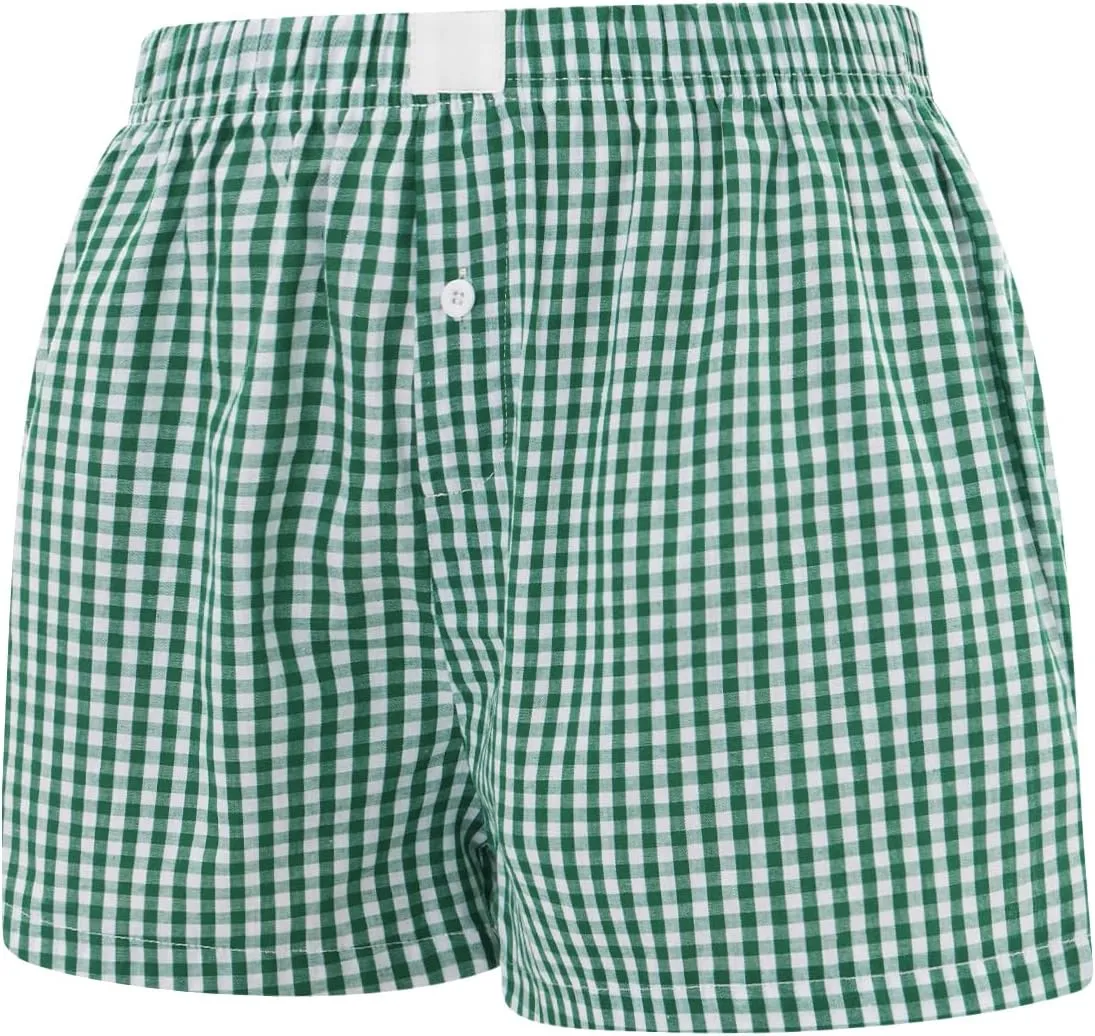 Women Pajamas Shorts Micro Boxer Shorts Y2K Cute Gingham Sleep Lounge Shorts Checkered Plaid Button Pj Mini Shorts