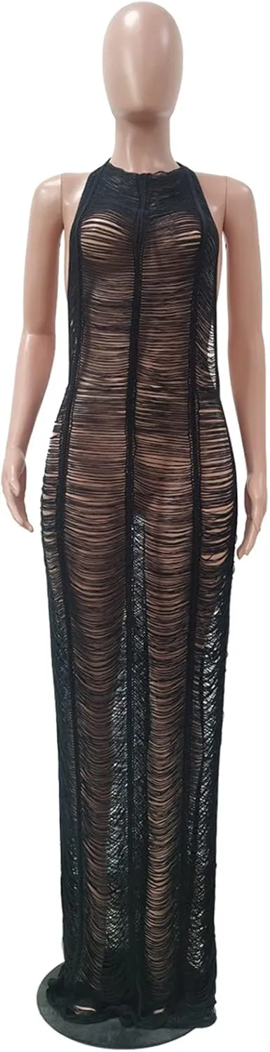 Women Sexy Halter Sleeveless Mesh See Through Crochet Maxi Long Dress Backless Knitted Beach Bikini Swimsuit Cover Ups