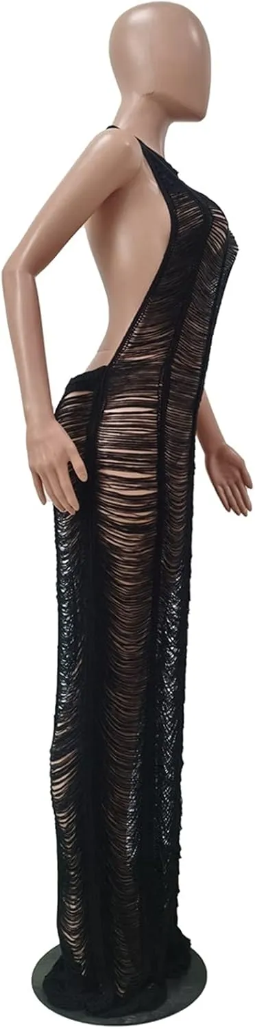 Women Sexy Halter Sleeveless Mesh See Through Crochet Maxi Long Dress Backless Knitted Beach Bikini Swimsuit Cover Ups