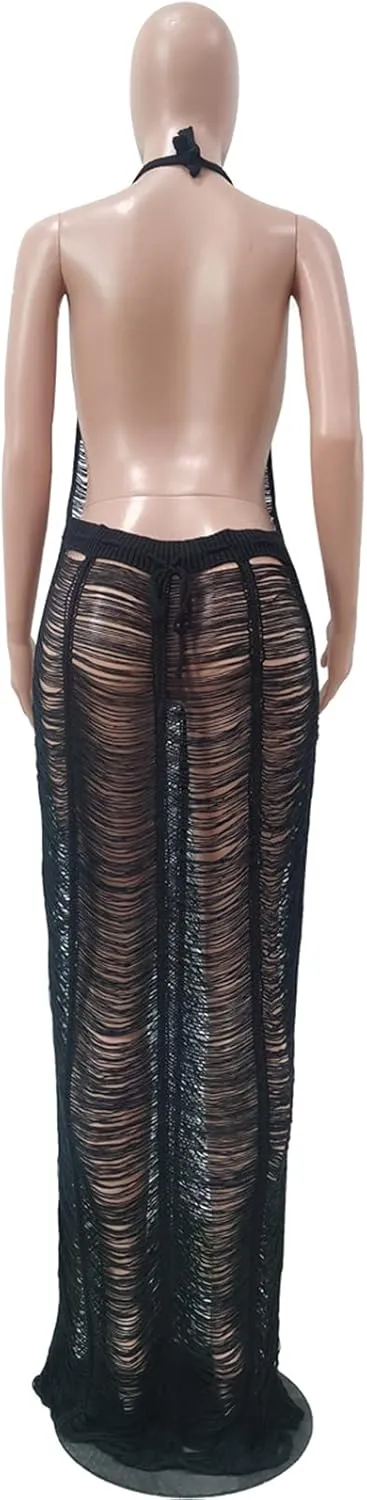 Women Sexy Halter Sleeveless Mesh See Through Crochet Maxi Long Dress Backless Knitted Beach Bikini Swimsuit Cover Ups
