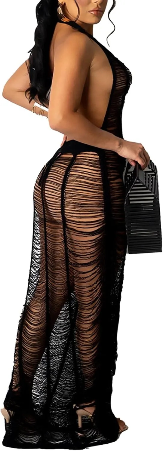 Women Sexy Halter Sleeveless Mesh See Through Crochet Maxi Long Dress Backless Knitted Beach Bikini Swimsuit Cover Ups