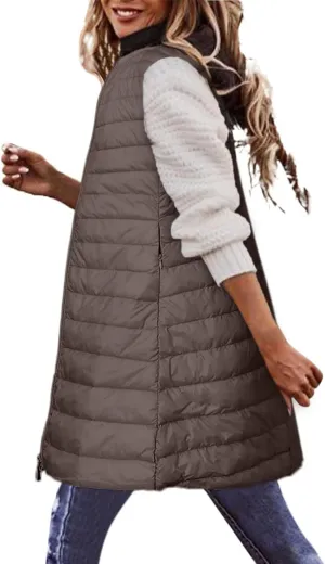 Women Warm Vest Coat Fashion Fall Winter Outerwear Zip Up Puffer Long Jacket Sleeveless Down Parkas Coats
