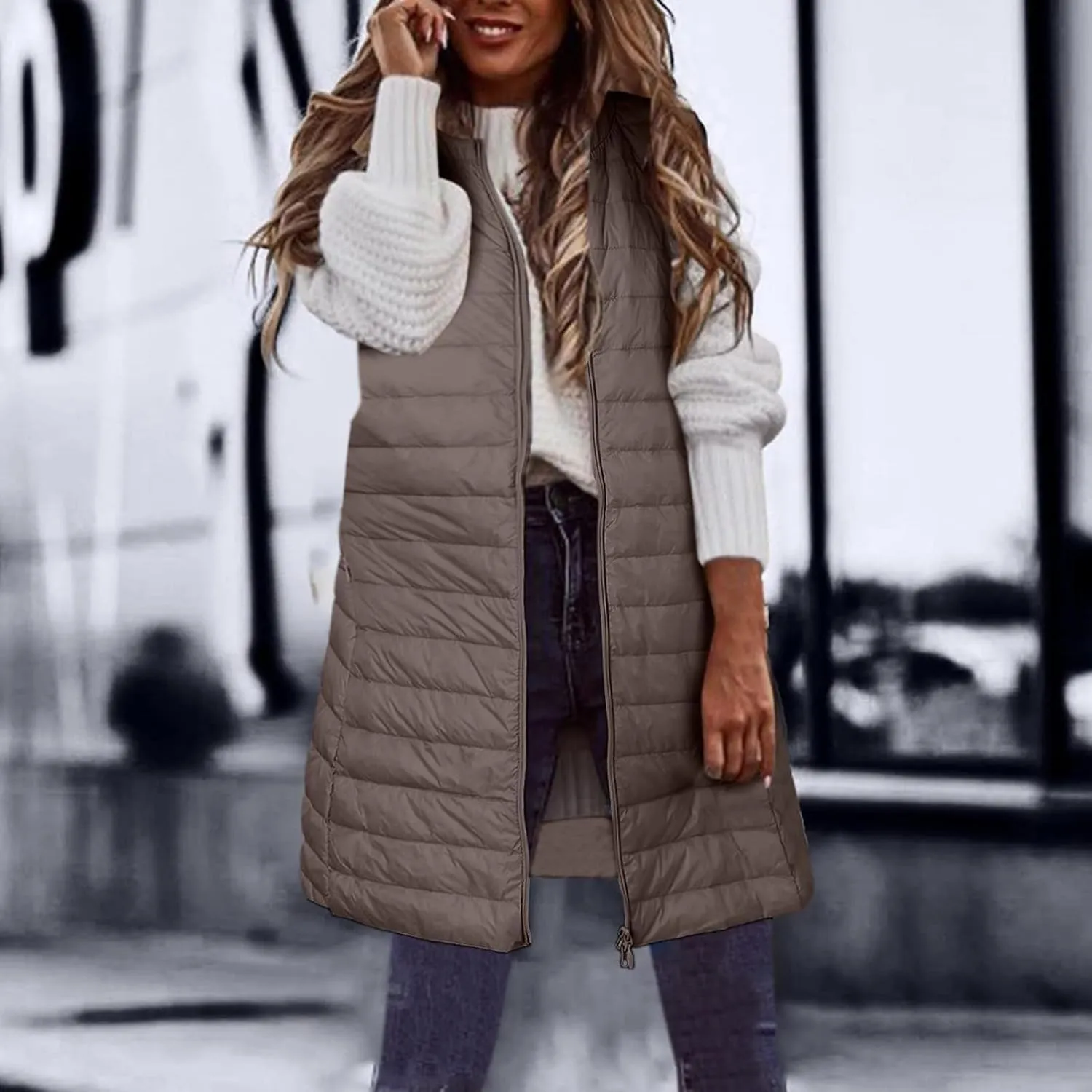 Women Warm Vest Coat Fashion Fall Winter Outerwear Zip Up Puffer Long Jacket Sleeveless Down Parkas Coats