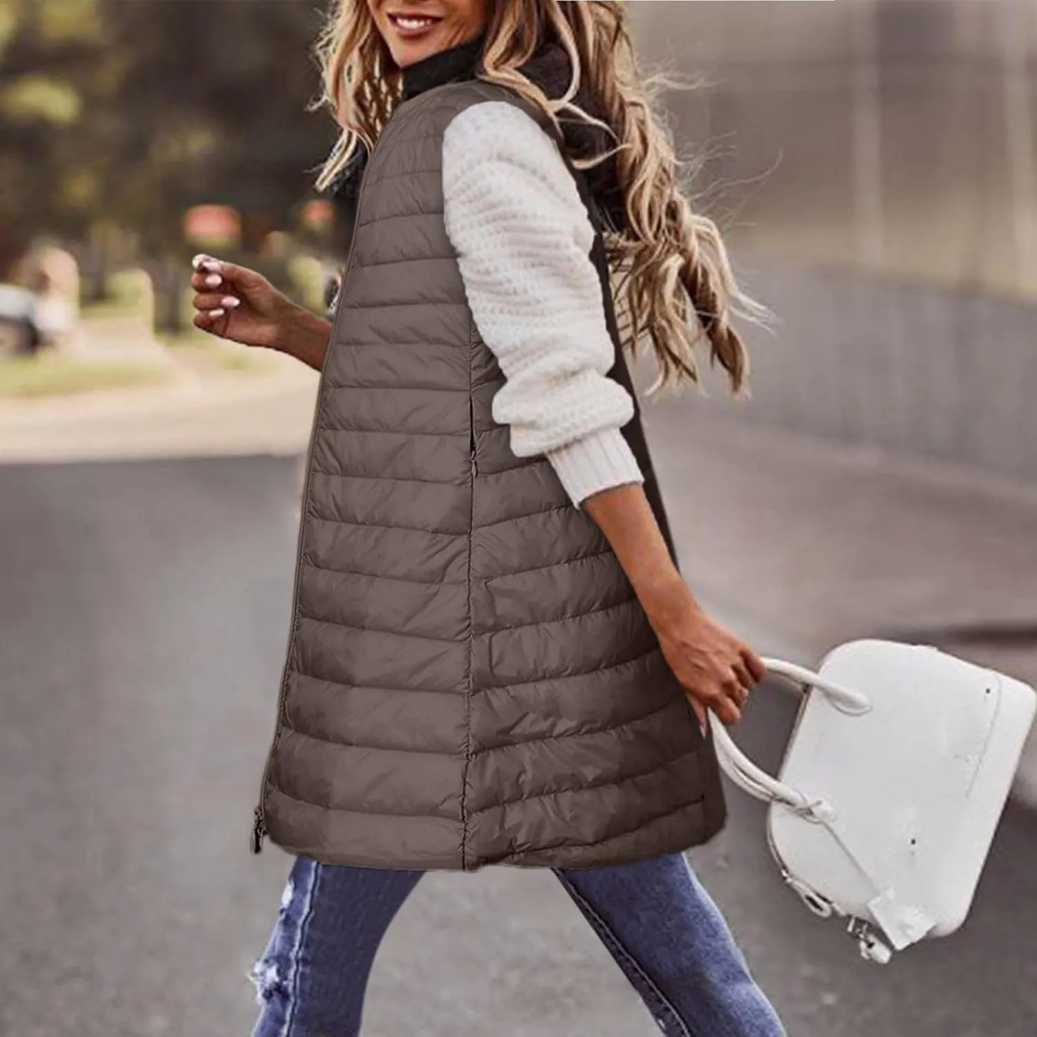 Women Warm Vest Coat Fashion Fall Winter Outerwear Zip Up Puffer Long Jacket Sleeveless Down Parkas Coats