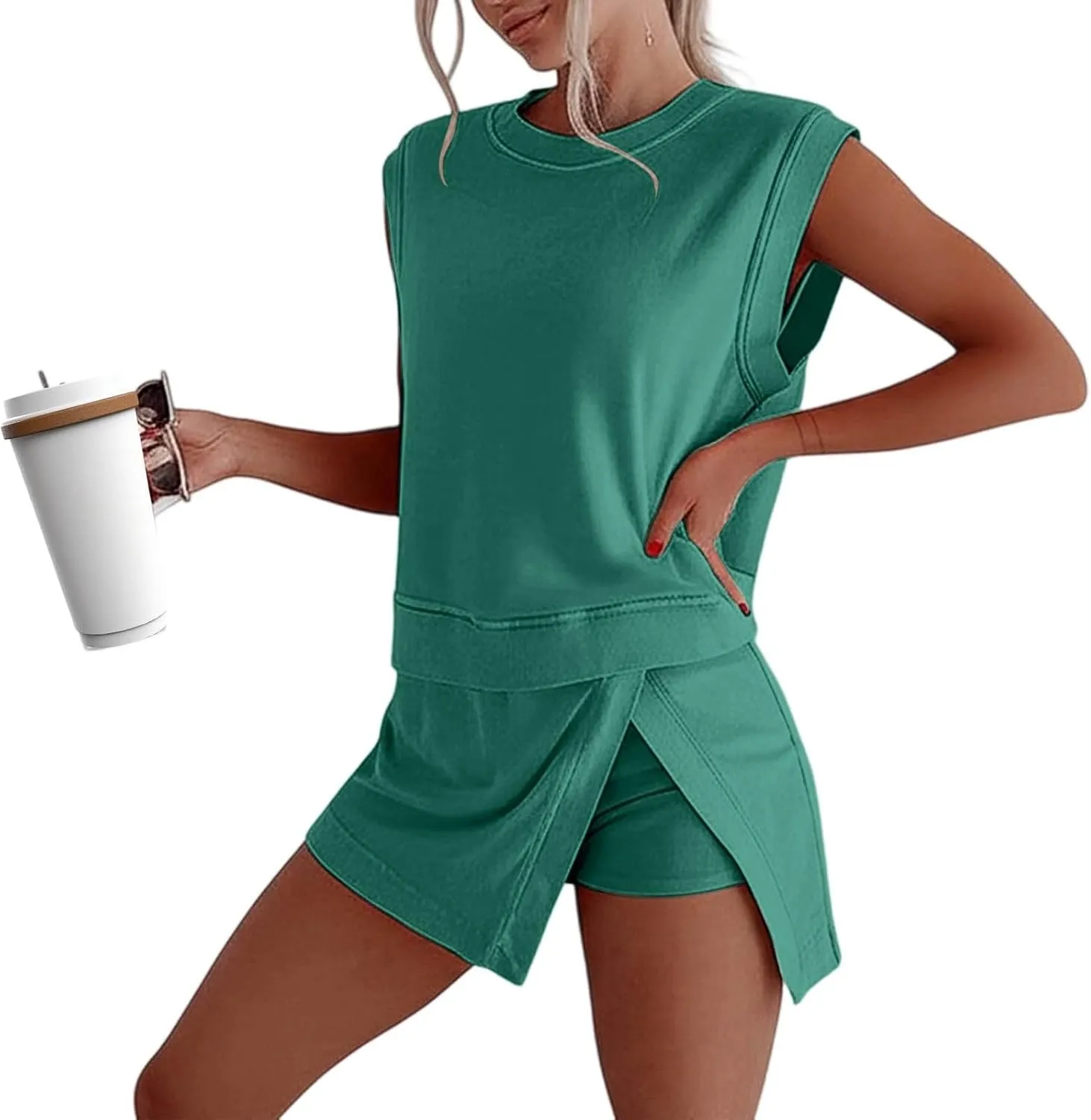 Womens 2 Piece Skirt Sets Cotton Summer Sleeveless Tank Top High Waist Skorts Matching Lounge Set Lined Split Athletic Outfit