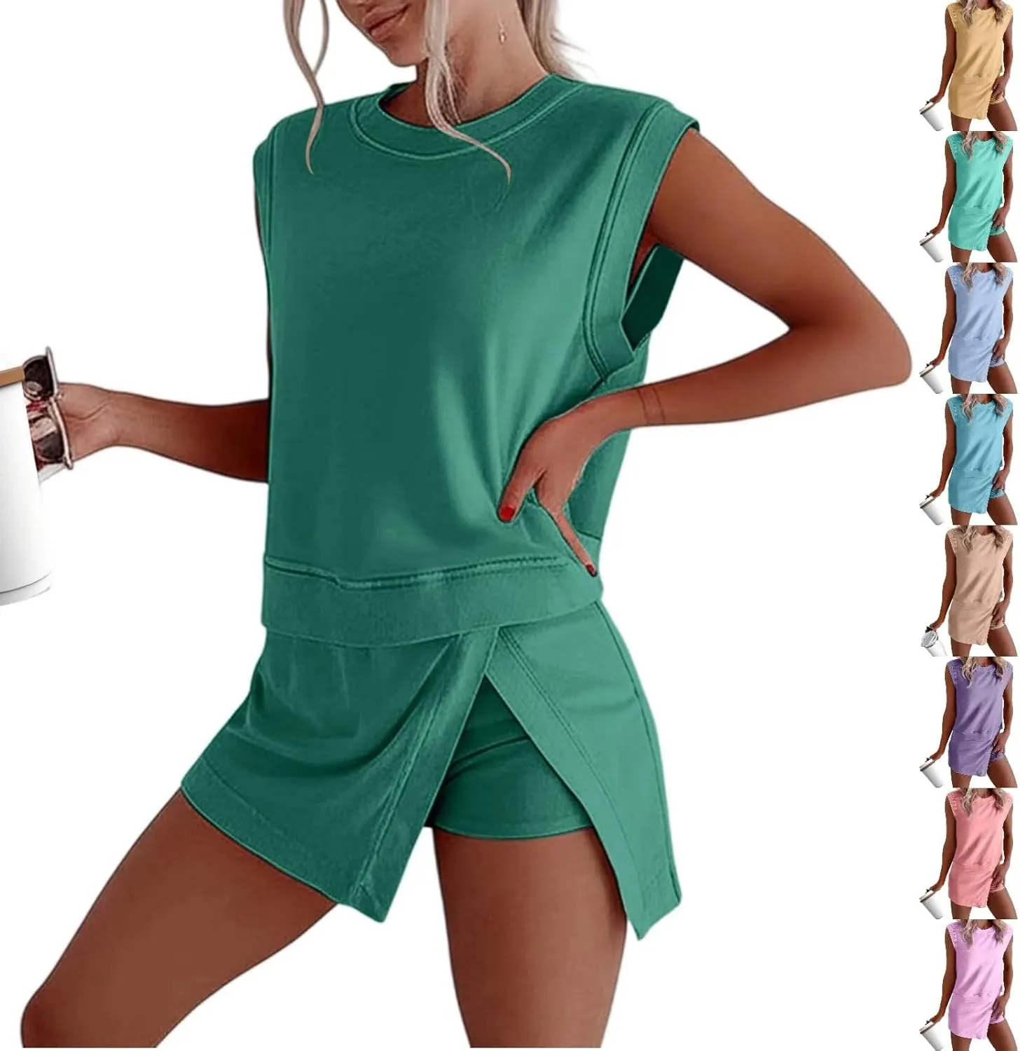 Womens 2 Piece Skirt Sets Cotton Summer Sleeveless Tank Top High Waist Skorts Matching Lounge Set Lined Split Athletic Outfit