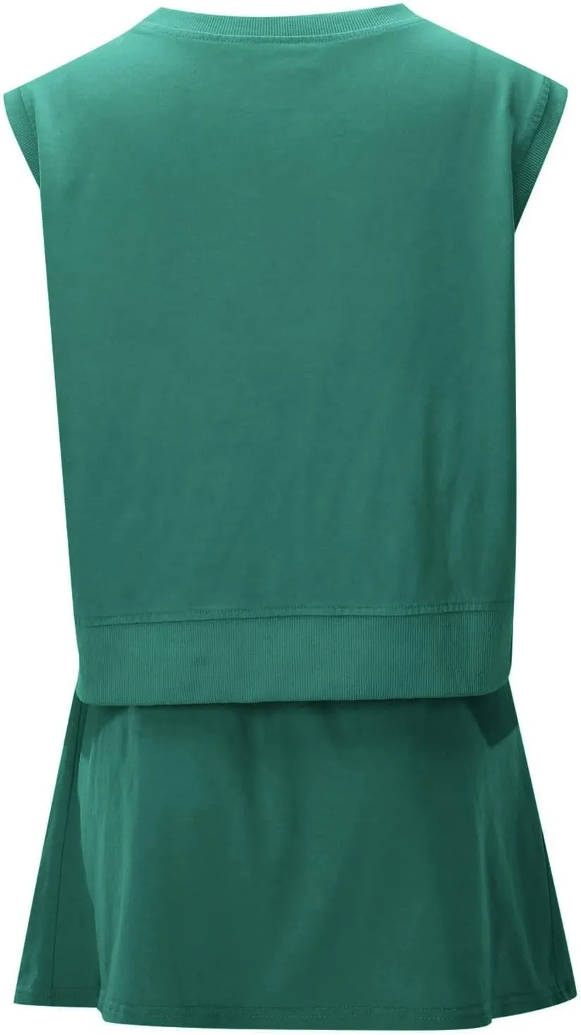 Womens 2 Piece Skirt Sets Cotton Summer Sleeveless Tank Top High Waist Skorts Matching Lounge Set Lined Split Athletic Outfit
