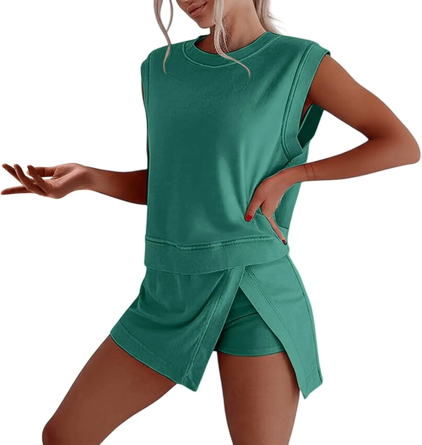 Womens 2 Piece Skirt Sets Cotton Summer Sleeveless Tank Top High Waist Skorts Matching Lounge Set Lined Split Athletic Outfit