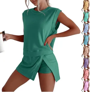 Womens 2 Piece Skirt Sets Cotton Summer Sleeveless Tank Top High Waist Skorts Matching Lounge Set Lined Split Athletic Outfit