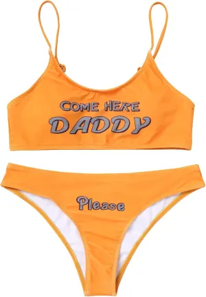 Women's 2Pcs Come Here Yes Daddy Please Printed Bikini Swimsuit Bathing Suit Padded Bra Top Panty Set Swimwear