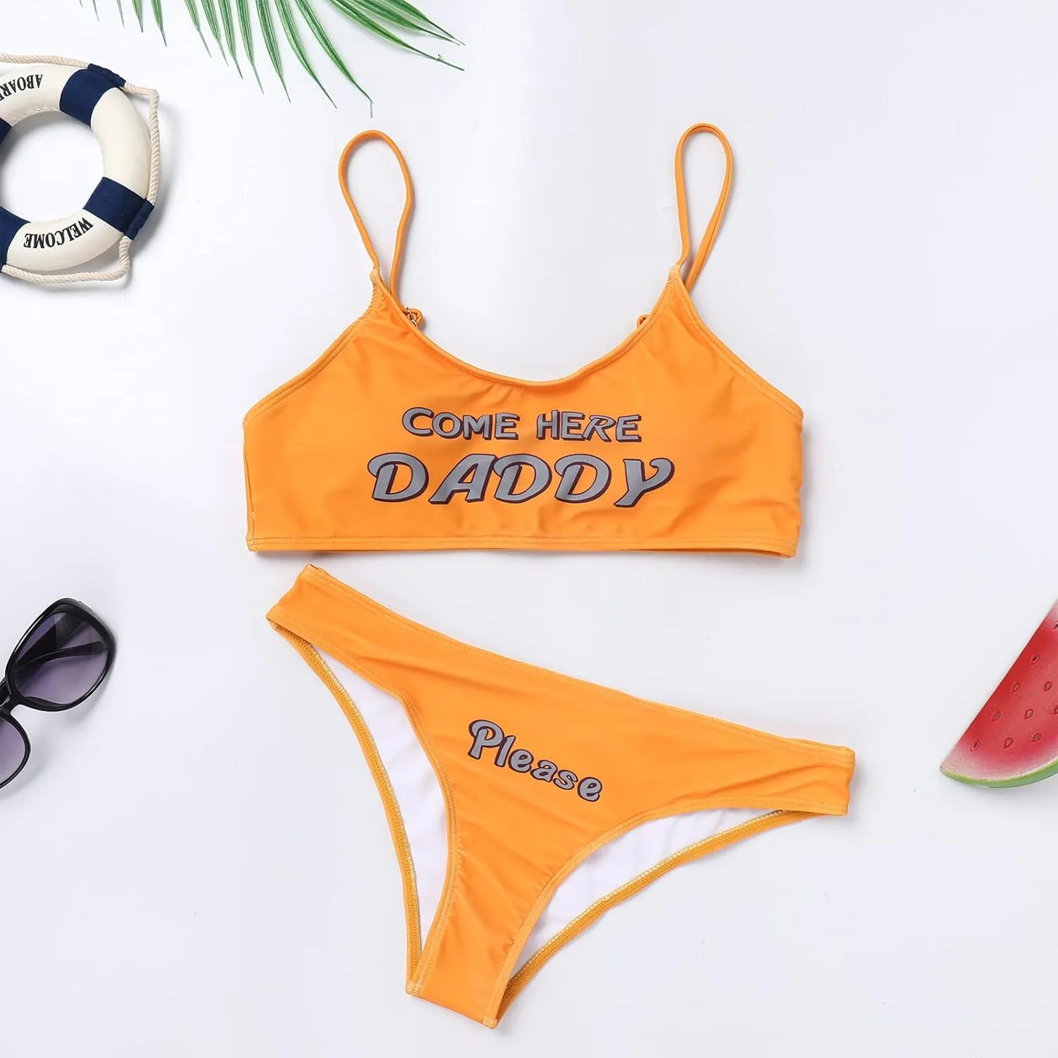 Women's 2Pcs Come Here Yes Daddy Please Printed Bikini Swimsuit Bathing Suit Padded Bra Top Panty Set Swimwear