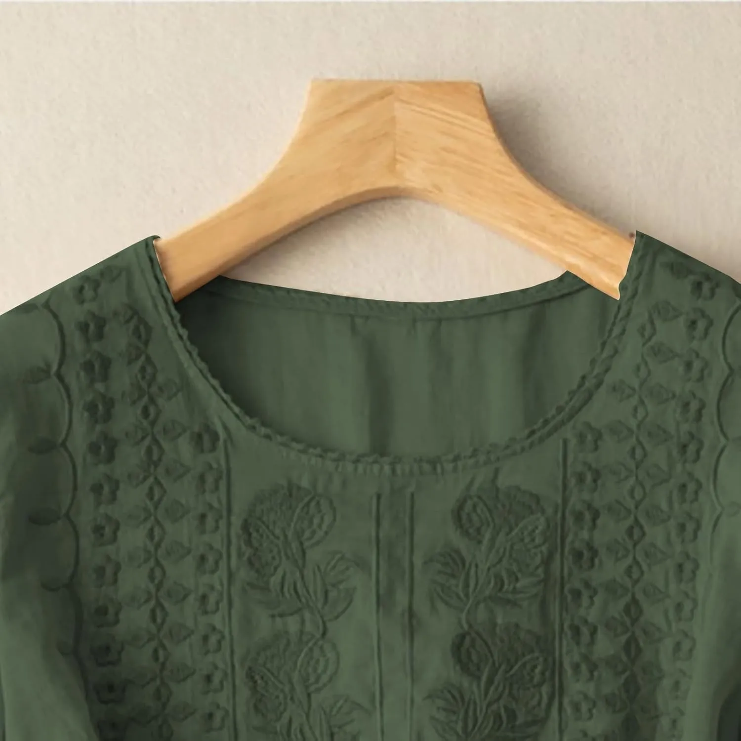 Women's 3/4 Sleeve Cotton Linen Jacquard Blouses Top T-Shirt 2025 Loose Fit Crew Neck Floral Embroidery Ruched Shirt